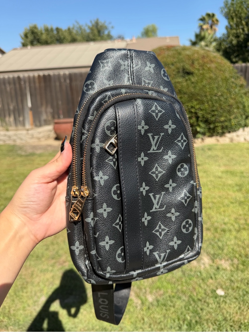 Louis Vuitton Black Monogram Crossbody Sling Bag with Gold-Tone Hardware